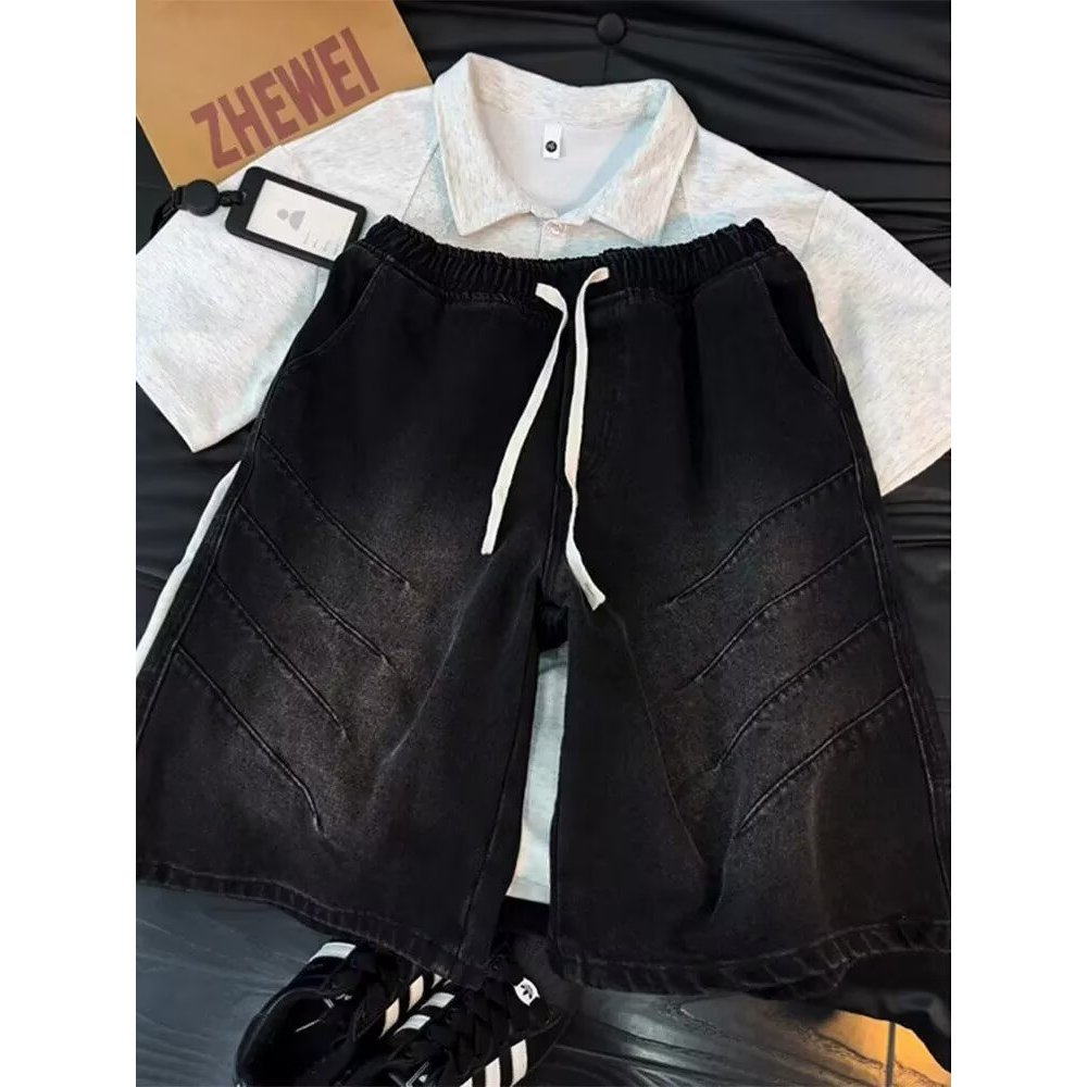 BOYUE BOYUE American vibe Drawstring Denim Shorts Youth Casual Washed Simple Fashion Five-point Pant