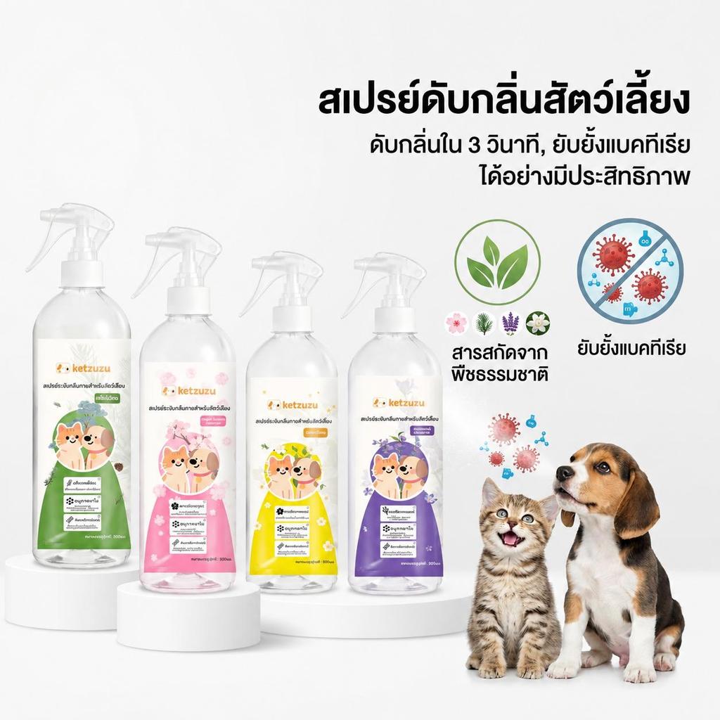 Ketzuzu สเปรย์กำจัดกลิ่นสัตว์เลี้ยง ลดแบคทีเรียต้นเหตุของกลิ่น ดับกลิ่นฉี่แมวและกลิ่นอับในห้อง 250ml/500ml