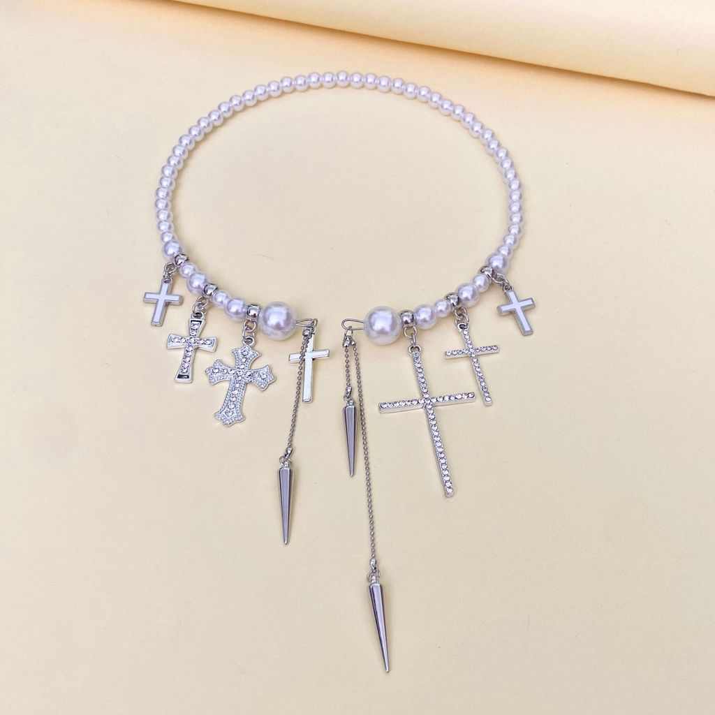 ปลอกคอเปิดพู่มุก Full Diamond Cross choker สร้อยคอพรีเมี่ยม