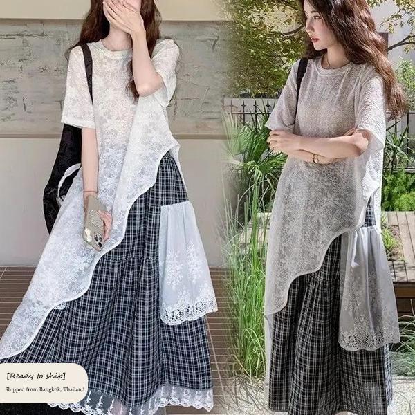 mimi&didi[สินค้าพร้อมส่ง]ชุดเดรสไซส์ใหญ่ดีไซน์ฤดูร้อน เสื้อเบลาส์ลูกไม้ กระโปรงลายตารางขาวดำดีไซน์เอวยางยืด#99466+67