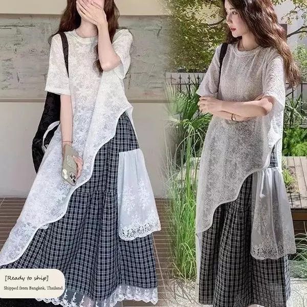 mimi&didi[สินค้าพร้อมส่ง]ชุดเดรสไซส์ใหญ่ดีไซน์ฤดูร้อน เสื้อเบลาส์ลูกไม้ กระโปรงลายตารางขาวดำดีไซน์เอวยางยืด#99466+67