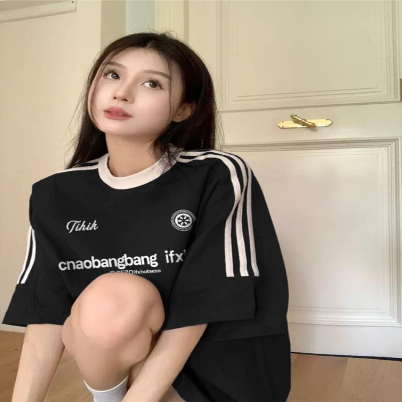 【mzj008.th】 _不起球美式三条杠新款复古设计休闲宽松字母印花短袖t恤女_ New version of American triple bar without pillingNew mode