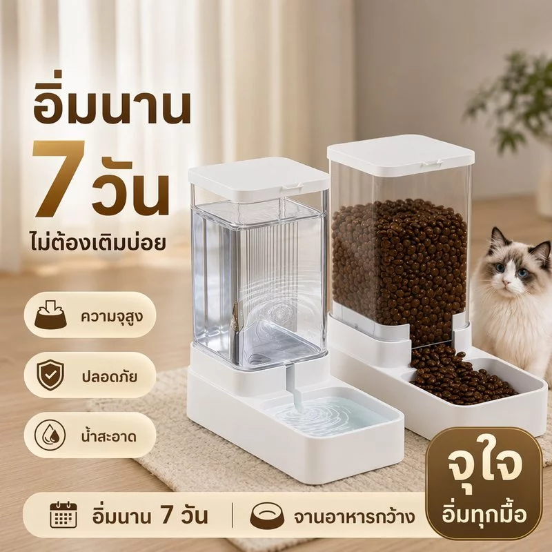 เครื่องให้อาหารแมวอัตโนมัติ ชามอาหารแมว ถังน้ำแมว จุเยอะ ถอดล้างง่าย แมว สุนัข ใช้ในบ้าน