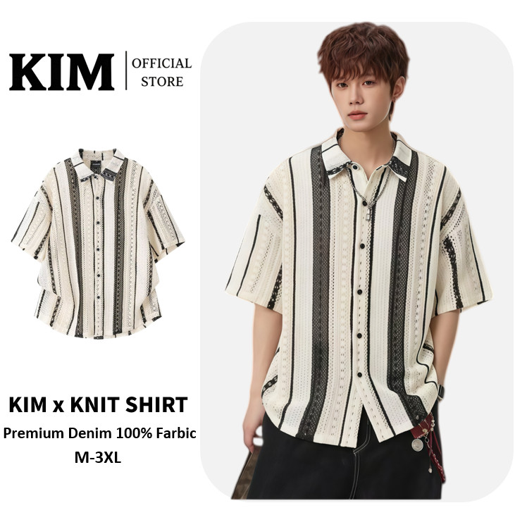 Knit collection • เสื้อถักแขนสั้น ลายริ้วเส้นเล็ก Grey / Apricot summer knit shirt