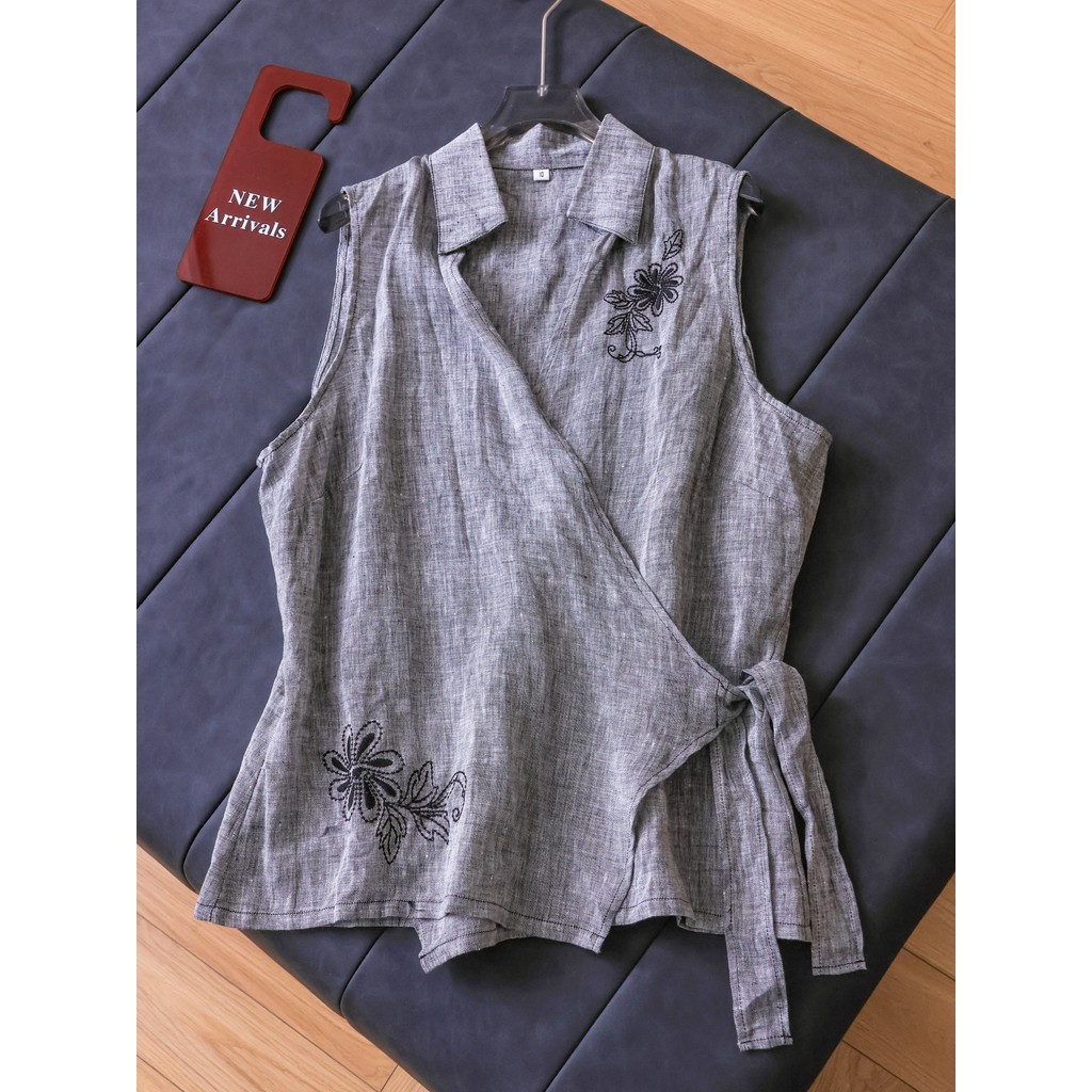 Contrast สีดอกไม้เย็บปักถักร้อยหลวม Slimmer ดู Lapel Laced-Up แขนกุดผ้าลินินเสื้อขนาดเล็ก Commuter C