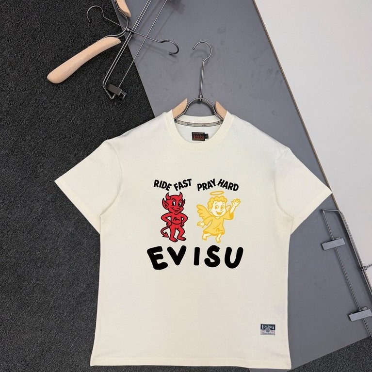 Evisu/God of Fortune 2026 เสื้อยืดแขนสั้นคอกลมคู่สไตล์ผู้ชายภายในจับคู่ของแท้ไหล่สบายๆขนาดใหญ่รอบคอ 
