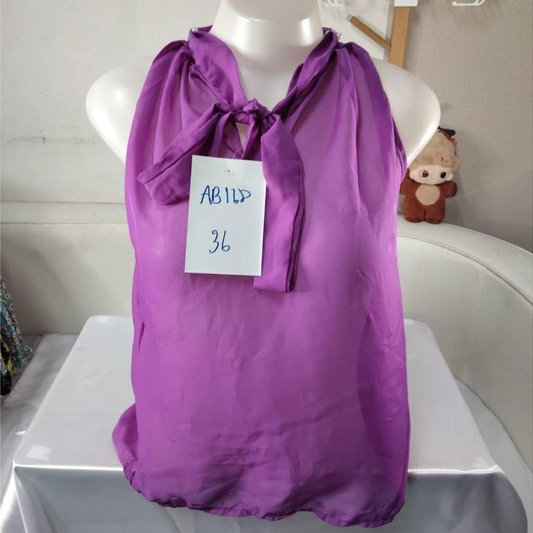 AB168​ เสื้อคอผูกสีม่วง รุ่น   สำหรับสตรี ผลิตจากผ้าลินิน นุ่มสบาย ระบายอากาศดี ซับเหงื่อได้ดี ไม่ระ