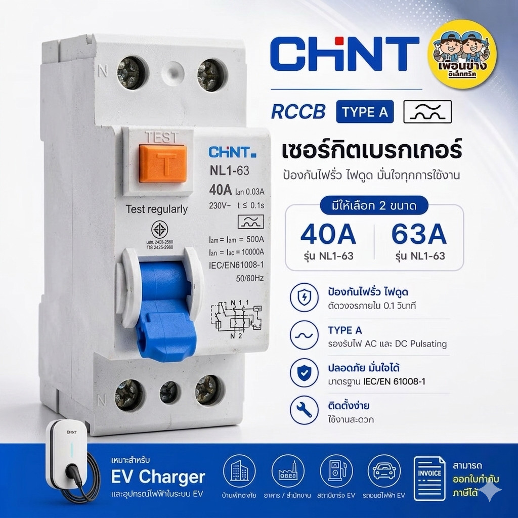 **Type A** CHINT เซอร์กิตเบรกเกอร์กันดูด RCCB รุ่น NL1-63 2P 40A 63A 10KA 30mA ใช้กับ Ev Charger เบรกเกอร์ เครื่องชาร...