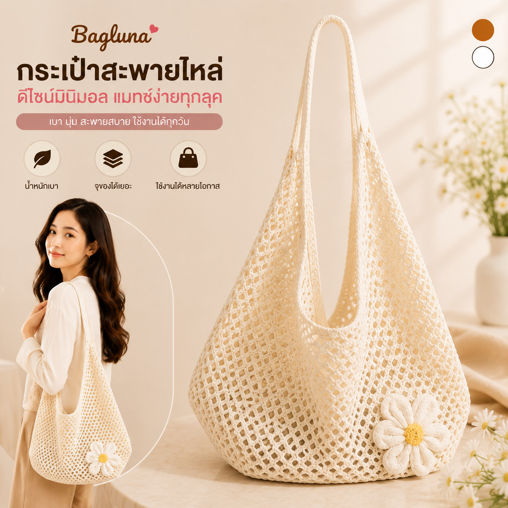 (พร้อมส่ง)กระเป๋าสะพายไหล่ผู้หญิงสานมือทรงทันสมัยสำหรับฤดูร้อน ความจุขนาดใหญ่ กระเป๋าตาข่ายสำหรับชายหาด กระเป๋าเดินทางมี