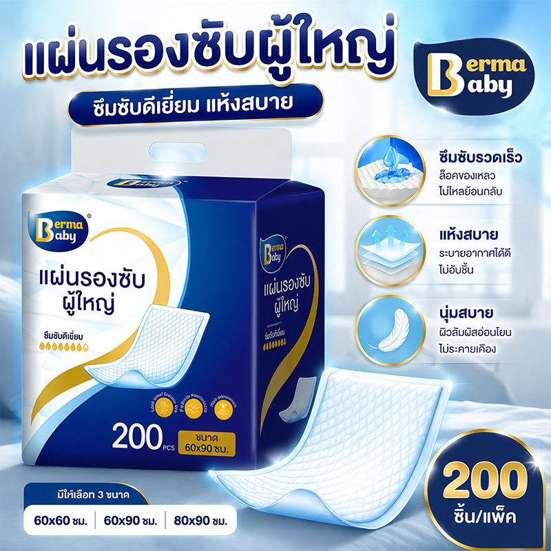 พร้อมส่ง💕 Berma Baby แผ่นรองซับ แผ่นรองซับผู้ใหญ่ แผ่นเสริมซึมซับ 100/80 ชิ้น ดูดซับดี bed sheet