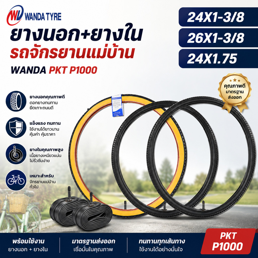 ยางนอก+ยางในรถจักรยานแม่บ้าน WANDA PKT P1000 24x1-3/8 26x1-3/8 24X1.75