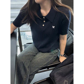 T8003 POLO เสื้อโปโลถักนิตติ้งแขนสั้นลายเชือกกลม สำหรับผู้หญิง นุ่มสบาย