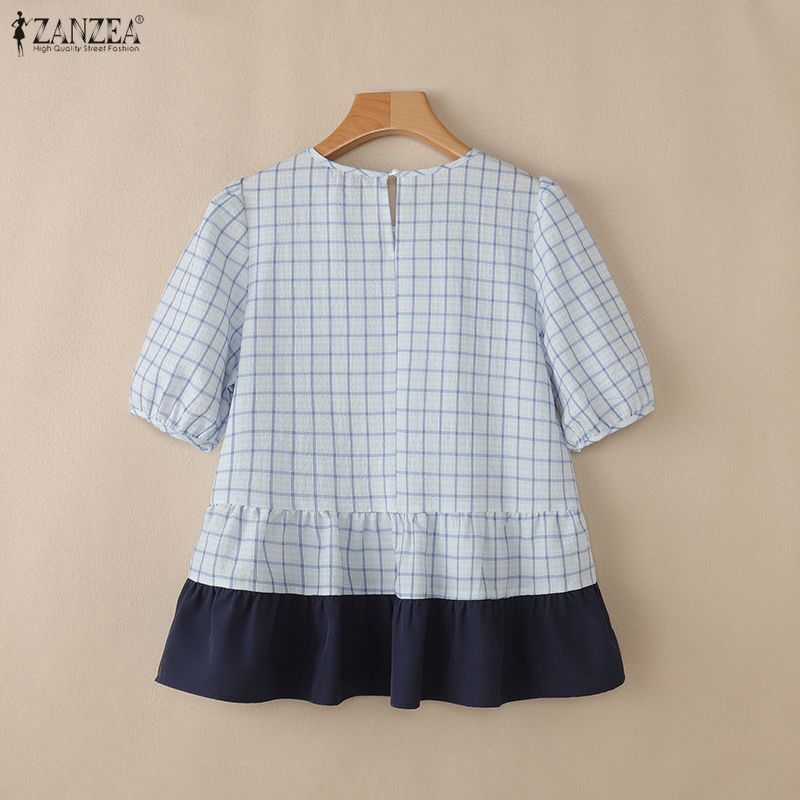ZANZEA ผู้หญิงเกาหลีฝรั่งเศสย้อนยุครอบคอพัฟแขนลายสก๊อต Patchwork สีบล็อก Ruffles Hem เสื้อเบลาส์ — صورة 8