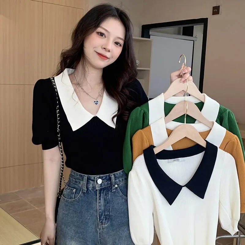 （จัดส่งภายใน24ชม）LUNA GIRL เสื้อถักแขนพองแขนสั้น 4 สีสวยสดใส!
