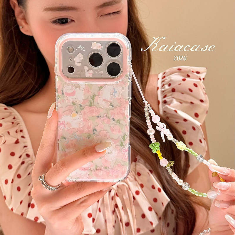 Huiwanju อ่อนโยนสีชมพูกุหลาบแมวน่ารักสําหรับ iPhone 17promax เคสโทรศัพท์มือถือ iphone16pro/16/17pro พร้อมโซ่ 15pro เคสโทรศัพท์มือถือสองชั้น