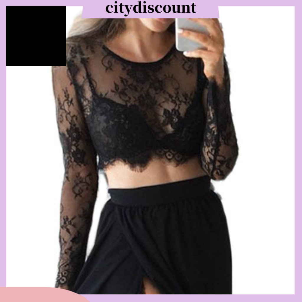 <citydiscount>Bottoming Top Soft Sun Protection ผู้หญิงดูผ่านเสื้อลูกไม้ลายดอกไม้