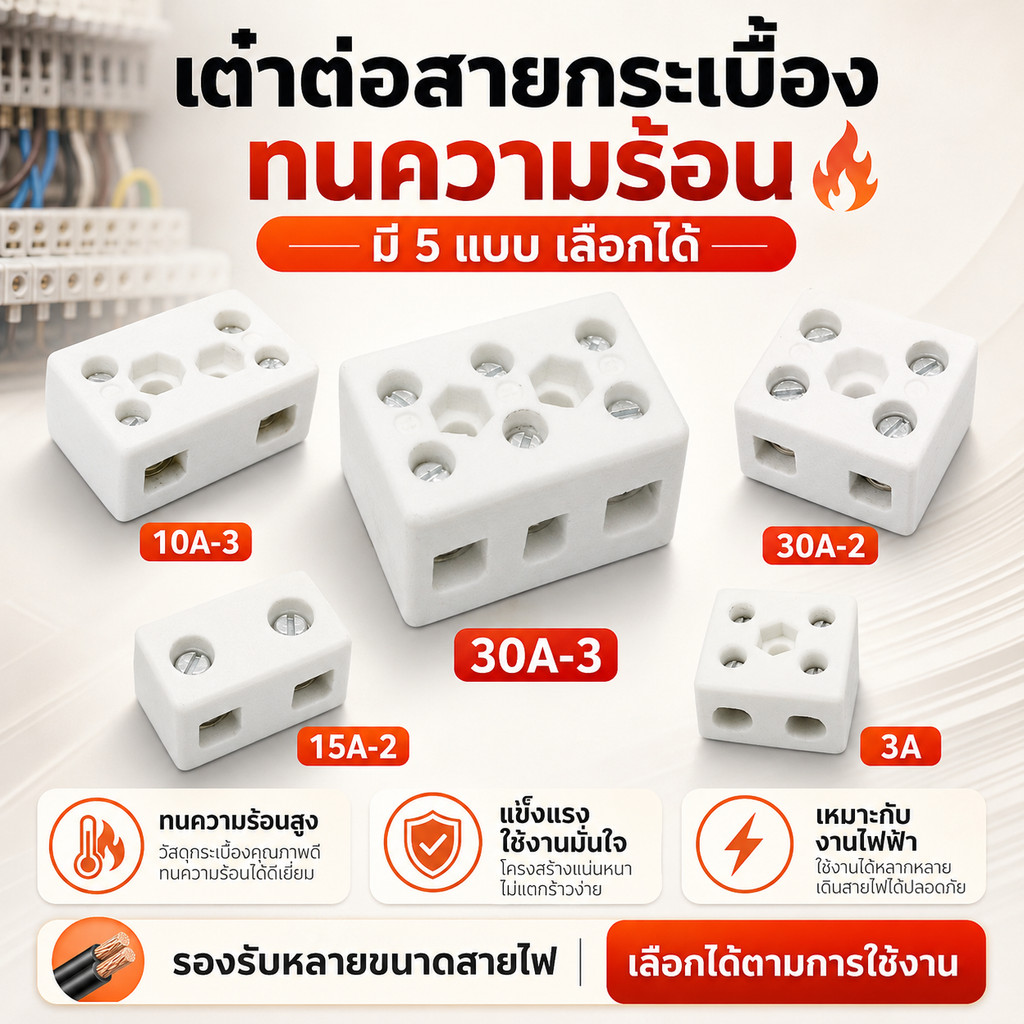 เต๋ากระเบื้องเซรามิก 2-3 ช่อง ขั้วต่อสายไฟ ทนความร้อน รุ่น 5A-30A 250V ใช้กับโคมไฟ เตาอบ งานไฟฟ้า