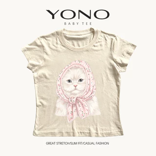 (พร้อมส่ง24ชม) YONO baby tee เสื้อยืดผู้หญิง ลายแมวน่ารัก ทรงเข้ารูป สไตล์เกาหลี y2k ใส่แล้วดูน่ารัก