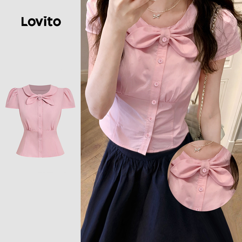 Lovito เสื้อเชิ้ตเบลาส์ลําลอง ประดับโบว์ ติดกระดุมหน้า สีชมพู สําหรับผู้หญิง L178ED231