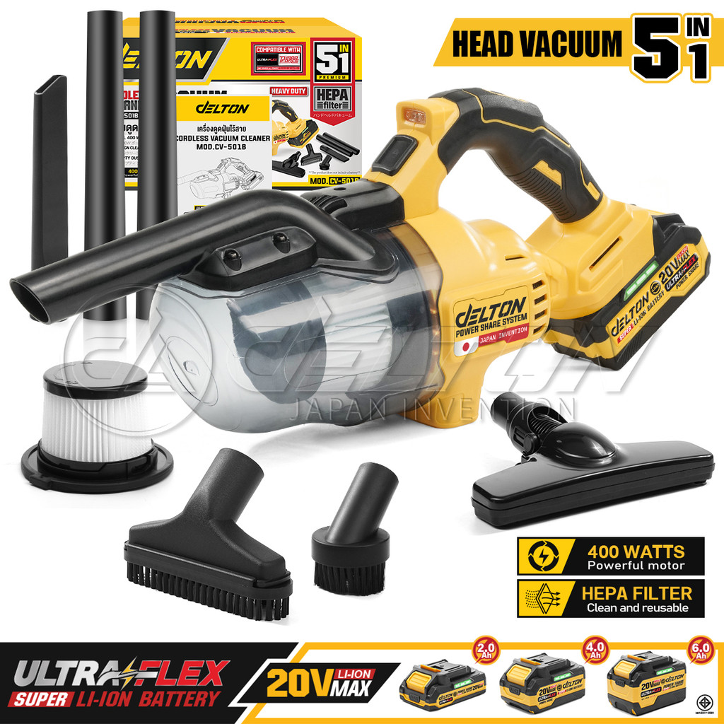 DELTON เครื่องดูดฝุ่นไร้สาย 0.7 ลิตร 400W รุ่น CV-501B ใช้งานร่วมกับแบตเตอรี่ DELTON UltraFlex และ TURBO FORCE