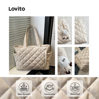 Lovito กระเป๋าถือสะพายไหล่ผ้าเนื้อหนา ทนทาน เหมาะสำหรับเดินทาง ใช้ในชีวิตประจำวัน ไปโรงเรียน/นักเรียน สไตล์เกาหลี สำหรับผู้หญิง LFA98022