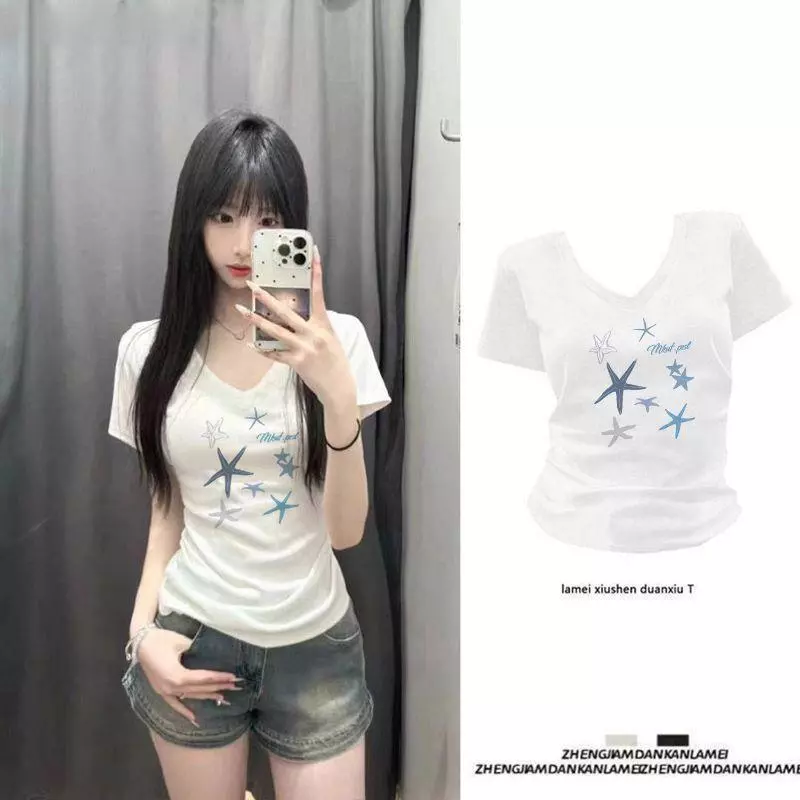 M-4XL เสื้อยืด ผู้หญิง ไซส์ ใหญ่ เสื้อแฟชั่นสไตล์เกาหลีผู้หญิง เสื้อทํางานผู้หญิง เสื้อผ้าคนอ้วนไซซ์ใหญ่ เสื้อคอวีทุกวัน