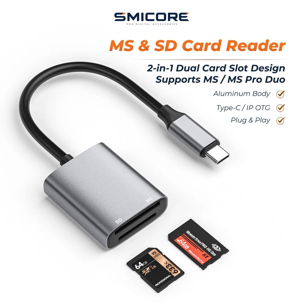 2 in 1 Card Reader SD + MS Type C สำหรับ Sony Memory Stick PRO Duo Camera โทรศัพท์ แล็ปท็อป อลูมิเนียม