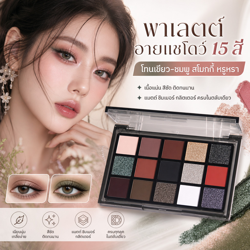 อายแชโดว์ 15สี พาเลทตา เนื้อแมตต์ กลิตเตอร์ ประกาย กันน้ํา พาเลทท์แต่งหน้า อายแชโดว์+บลัชออน+ไฮไลท์+คอนทัวร์ พกพาสะดวก