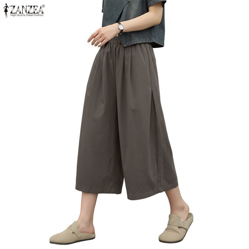 ZANZEA ใส่ ซานเซีย ผู้หญิงเกาหลีสบายๆเอวยางยืดกระเป๋าหลวมกว้างขาตัดกางเกงหลวม