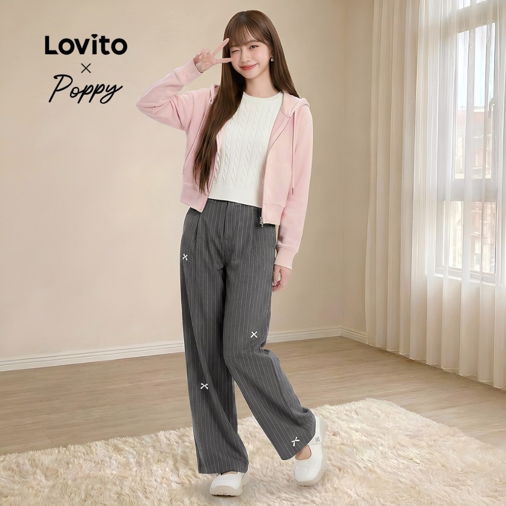 Lovito x Poppy กางเกงผ้าฉีกแนวแบบบาโลต์ สไตล์เท่และสบาย สำหรับฤดูใบไม้ผลิ/ฤดูร้อน สีเทา สำหรับผู้หญิง L139AD173