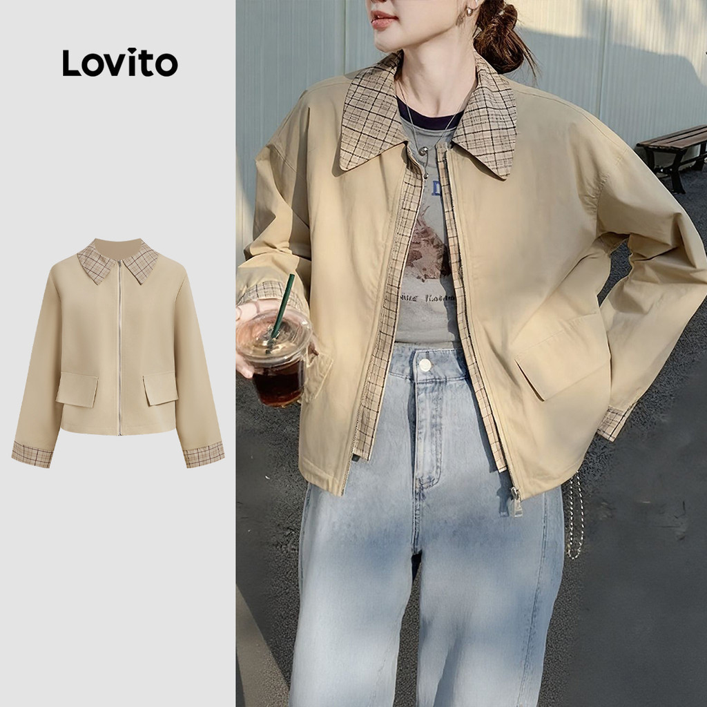 Lovito แจ็คเก็ตลำลอง คอเปรียบเทียบ กระเป๋าเทียม ฤดูใบไม้ร่วง/ฤดูหนาว เสื้อแจ็คเก็ตสีคล้ำ L159AD316