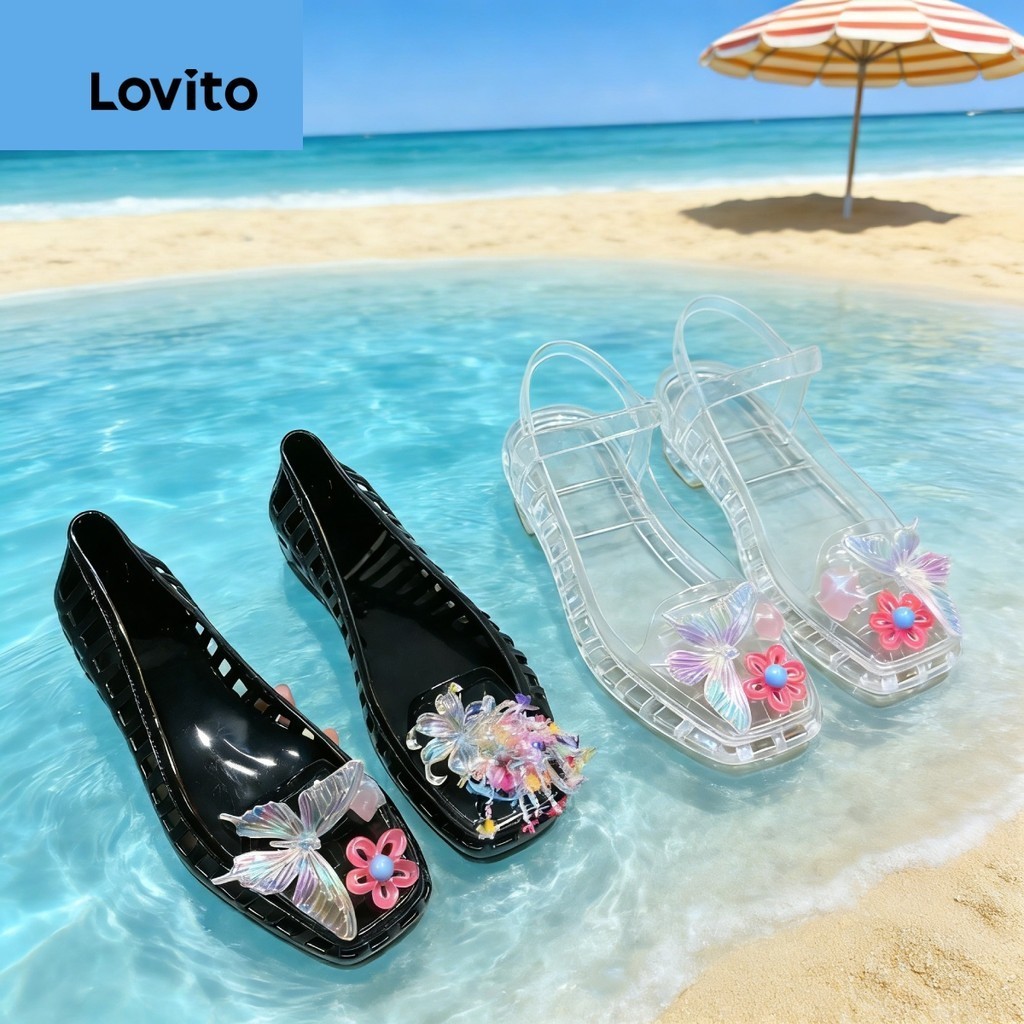Lovito รองเท้าแตะเจลลี่ทรงแฟลตสไตล์ลำลองสำหรับรีสอร์ทสำหรับผู้หญิง LFA109107