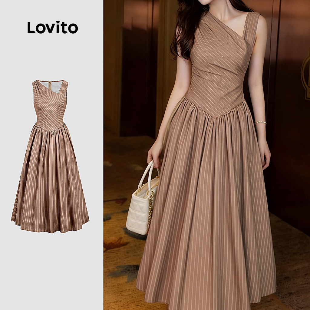 Lovito เดรสผู้หญิงสีน้ําตาลฤดูใบไม้ผลิ/ฤดูร้อนแบบไม่สมมาตร L164LD247