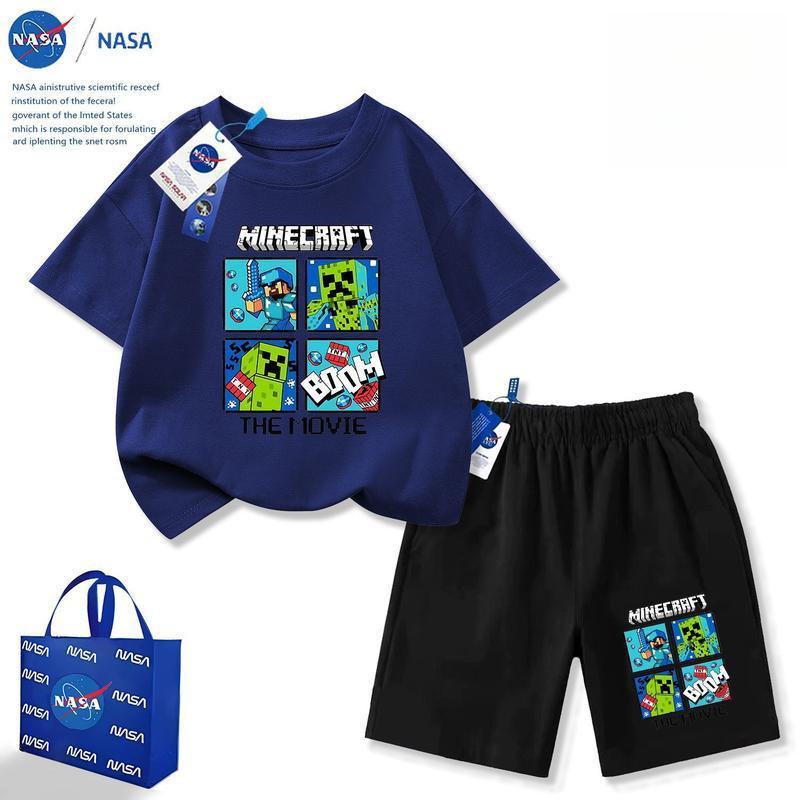 NASA ร่วมแบรนด์ My World Creeper สุดหล่อ กางเกงขาสั้นแขนสั้นฤดูร้อนตัวใหม่สำหรับเด็กชายและเด็กหญิงทั้งขนาดกลางและใหญ่