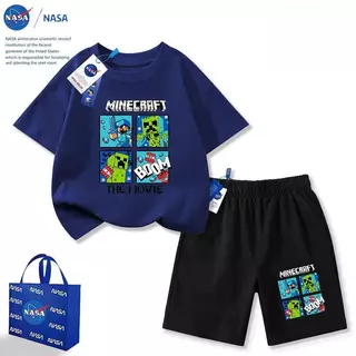 NASA ร่วมแบรนด์ My World Creeper สุดหล่อ กางเกงขาสั้นแขนสั้นฤดูร้อนตัวใหม่สำหรับเด็กชายและเด็กหญิงทั้งขนาดกลางและใหญ่
