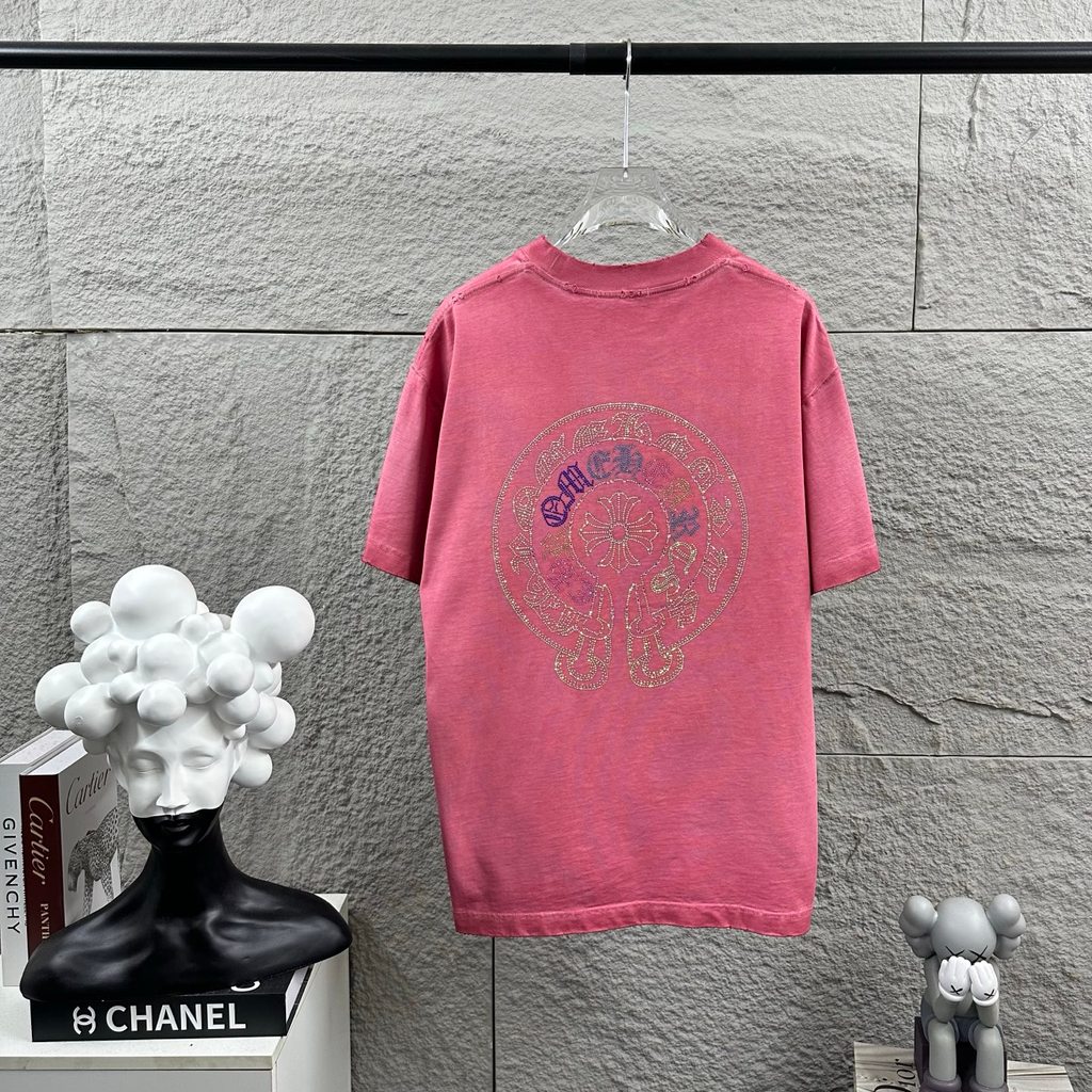 CHROME HEARTS ฤดูร้อนสไตล์ใหม่แขนสั้นเสื้อยืดผู้ชายผู้หญิงคู่สไตล์ตัวอักษรด้านในหรูหรา High-End รอบค