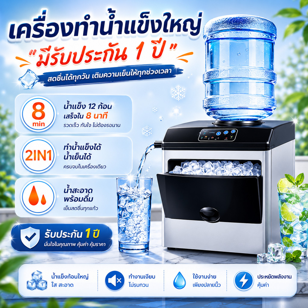เครื่องทำน้ำแข็งอัตโนมัติเครื่องทำน้ำแข็ง Hicon2IN1เครื่องทำน้ำแข็งขนาดใหญ่(มีรับประกัน 1 ปี)