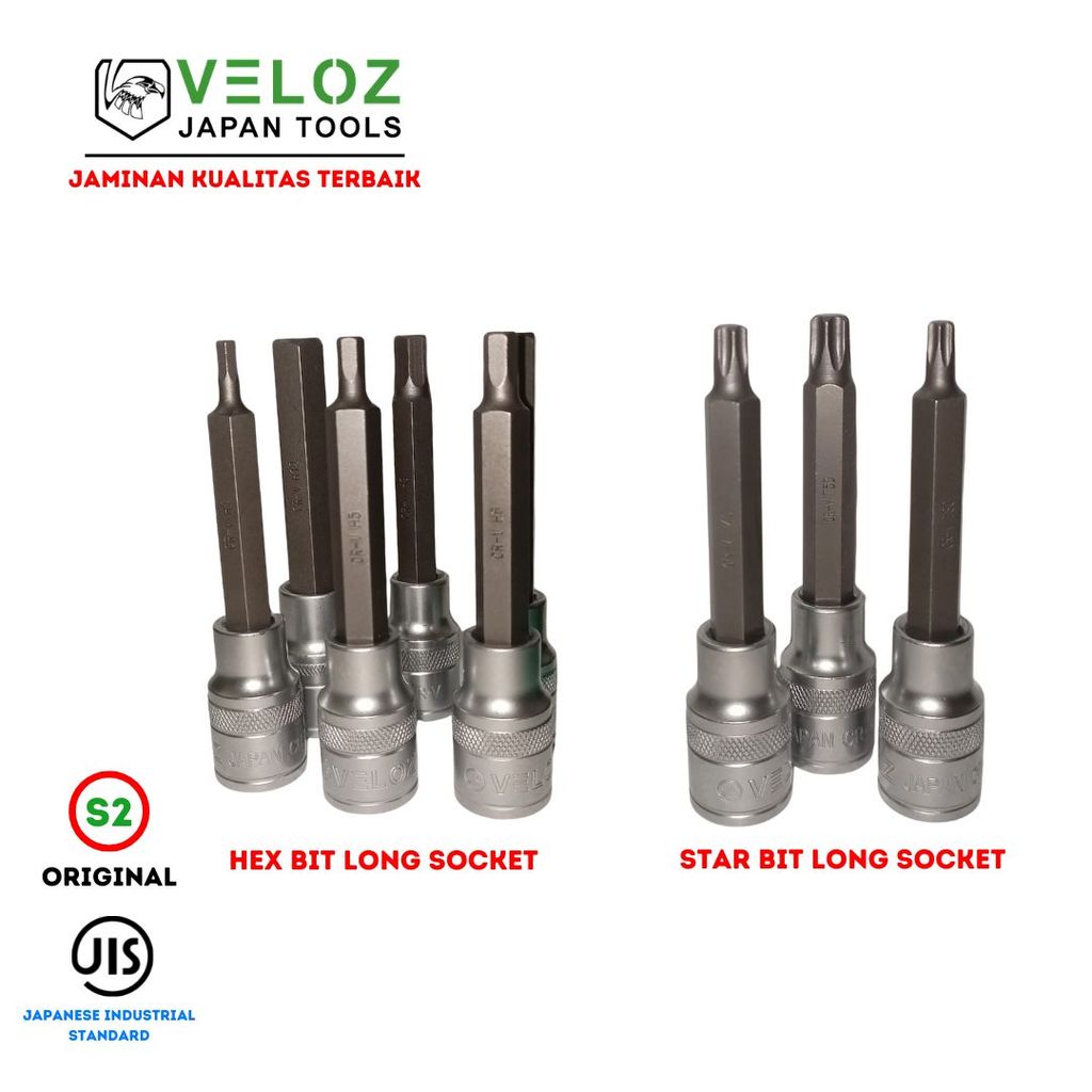 VELOZ Hex Bit ซ็อกเก็ตยาว DR 1/2 H4, H5, H6, H8, H10, H12 // Star Bit Long Socket T30, T40, T50 SMT 