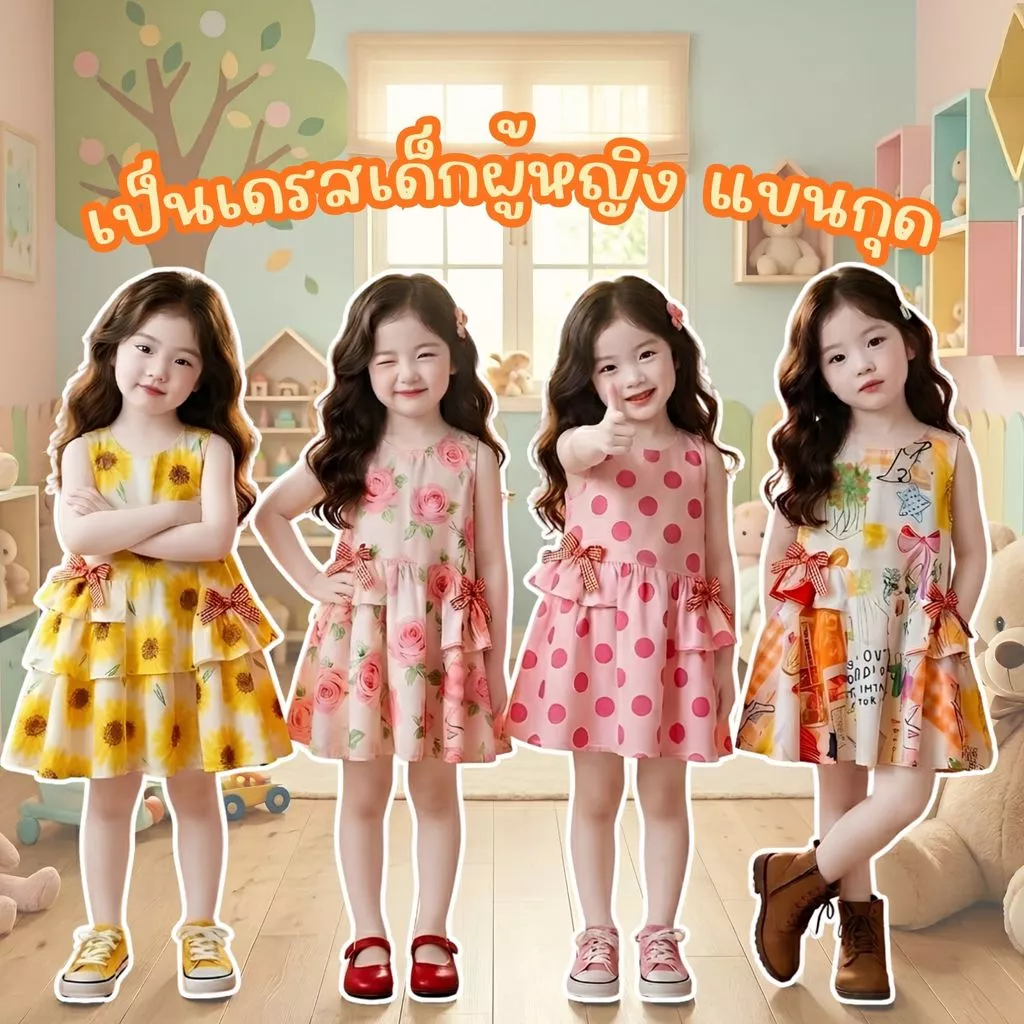 Dolemi Baby เดรสเด็กหญิง น่ารัก 4ลาย คอกลม แขนกุด ดูสดใส ดอกไม้ ทานตะวัน จุดชมพู แมว มีโบว์ติด