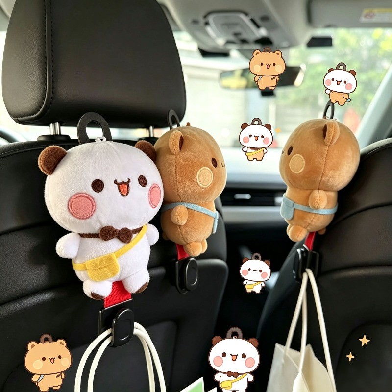 Panda Yier Bubu และ Dudu คู่ตุ๊กตารถ Headrest Hooks ที่นั่งจัดเก็บสําหรับกระเป๋าถังขยะ Universal รถอุปกรณ์เสริม