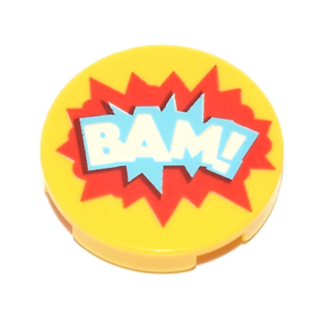 Brick2cube Part - Tile, Round 2 x 2 with Bottom Stud Holder with 'BAM!' in Blue and Red Starburst Ex