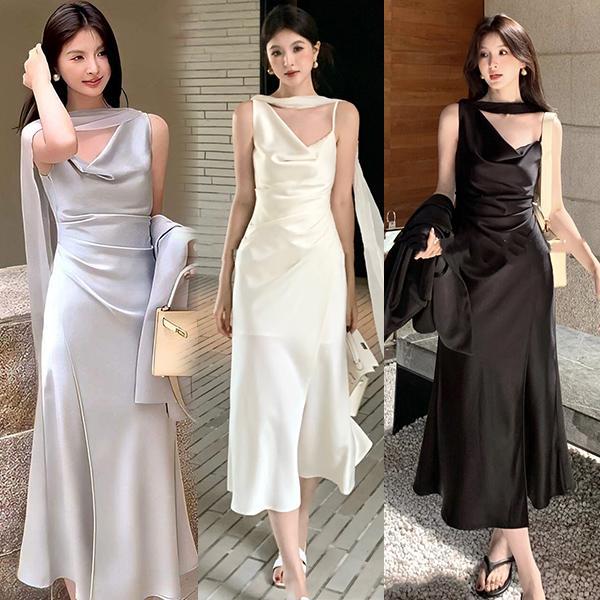 mimi-เดรสสายเดี่ยวยาวสำหรับผู้หญิง ดีไซน์สายริบบิ้นพลิ้วไหว เซ็กซี่ แฟชั่นและสง่างาม มันช่วยเน้นสัดส่วนของร่างกาย#99436