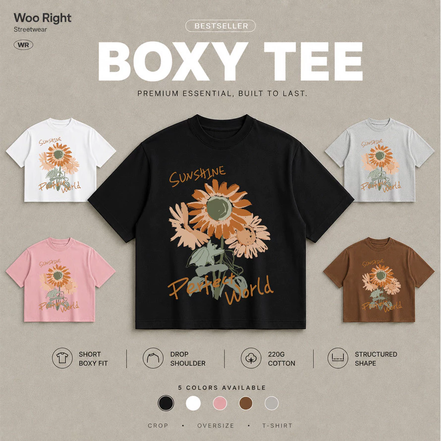 COD จัดส่งตลอด 24 ชั่วโมง Woo Right Boxy crop tee เสื้อยืดครอป Boxy Cropped T-Shirt ผู้ชาย ลาย SUNS