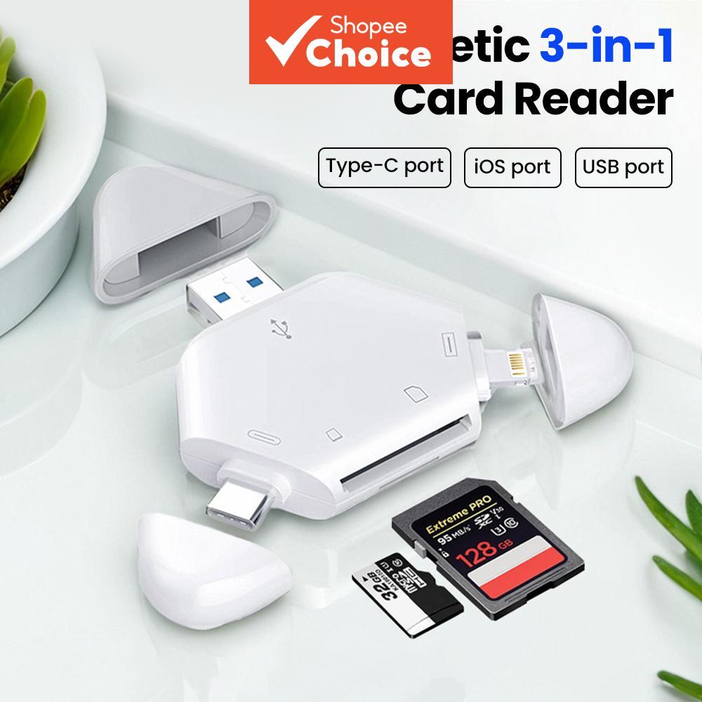 เครื่องอ่านการ์ดแบบ 3-in-1 รองรับ USB A/Type-C/iOS มีช่องเชื่อมต่อสําหรับการ์ด SD/TF เพื่อการโอนถ่ายข้อมูล ใช้งานได้กับโทรศัพท์มือถือ แท็บเล็ต และแล็ปท็อป