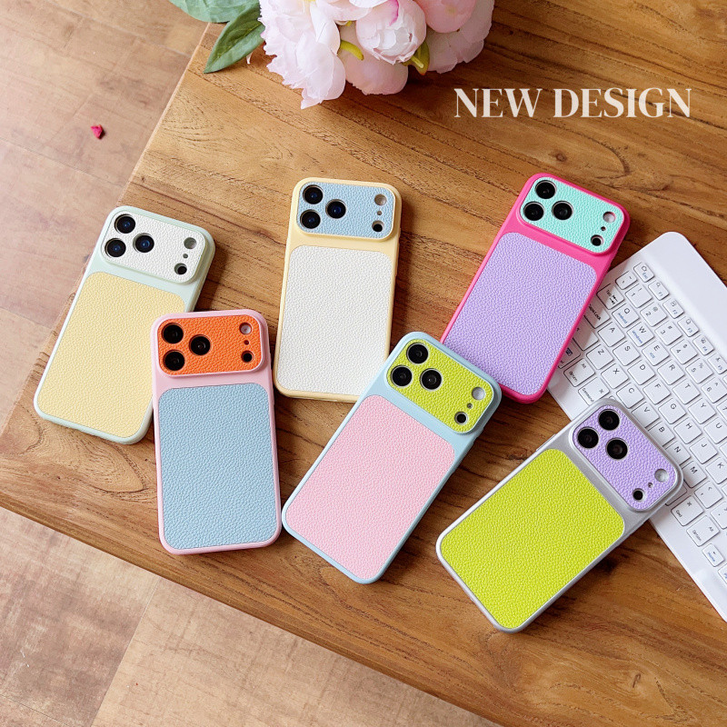 Dopamine Color Block Lychee Grain PU หนังเคสโทรศัพท์สําหรับ iPhone 17 16 15 14 13 12 11 Pro Max