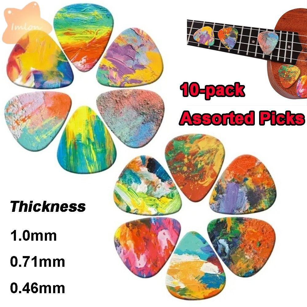 IMLON 10 ชิ้น ปิ๊กกีตาร์ สีสัน พิมพ์สามเหลี่ยม Plectrums ขอบเรียบ อุปกรณ์เสริมกีตาร์ 1.0 มม. 0.71 มม. 0.46 มม. สําหรับกีตาร์อะคูสติก