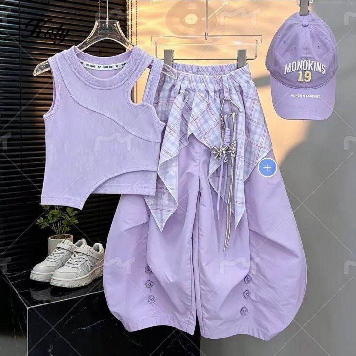 พร้อมสต็อก สาวสีลายเสื้อกั๊กชุดหลวม 2026 สไตล์ใหม่ฤดูร้อนสตรีทแดนซ์แขนกุดมาเชเต้ก้นม่านกางเกงขากว้างหวานเย็น