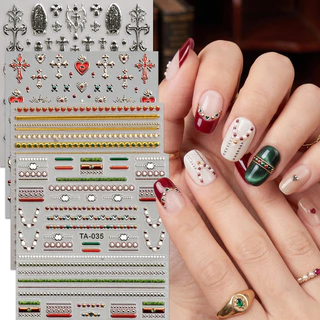 HAMA Y2K โลหะ 3D สติ๊กเกอร์ติดเล็บ Gothic Silver Cross Heart Star Line Design Nail Art Decals Self-Adhesive DIY ตกแต่งเล็บ