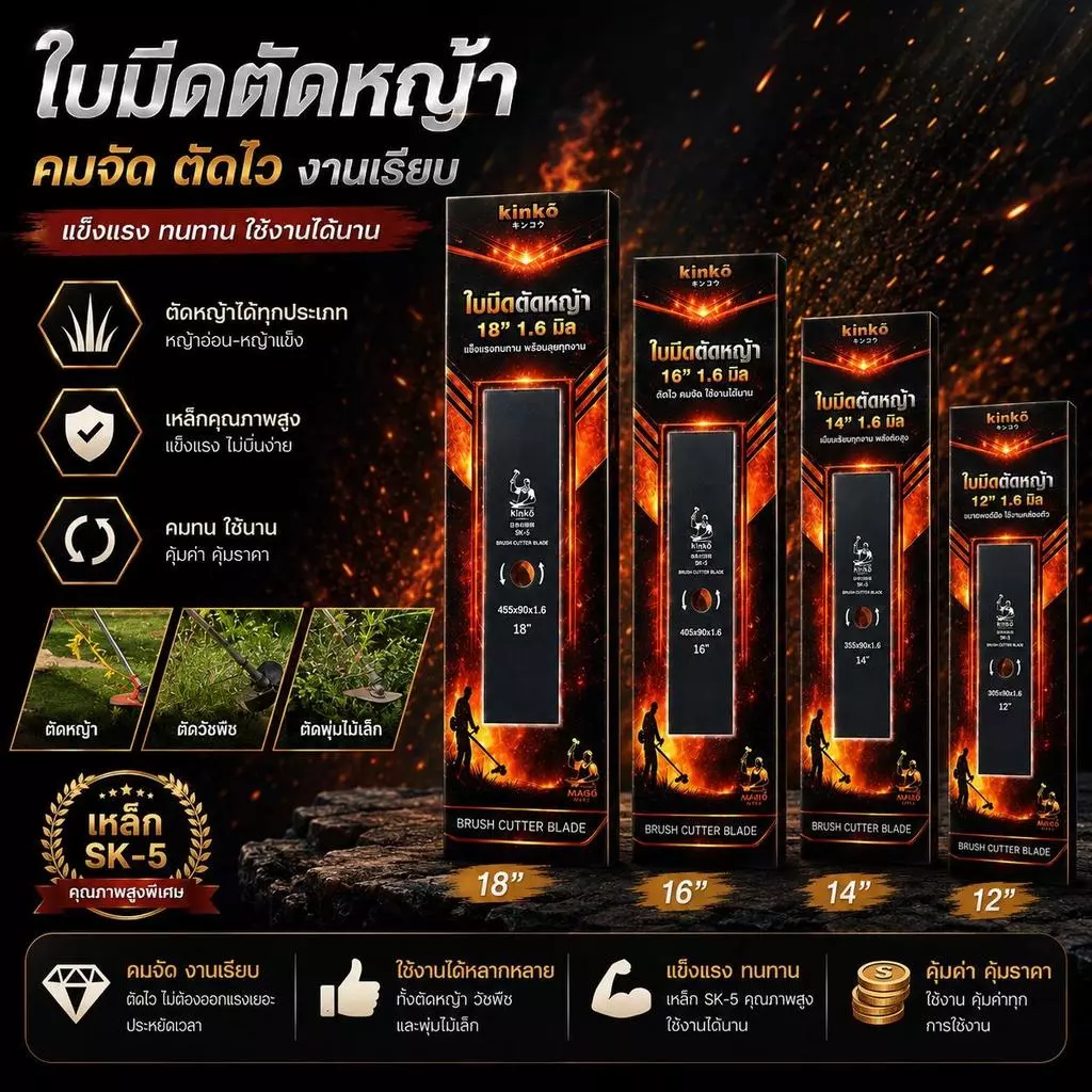 ใบตัดหญ้าปังตอ และมะละกอ หนา1.6มิล และ 2.0มิล รุ่นคมพิเศษ มี4ขนาด 12/14/16/18นิ้ว ไม่แตกหักง่าย