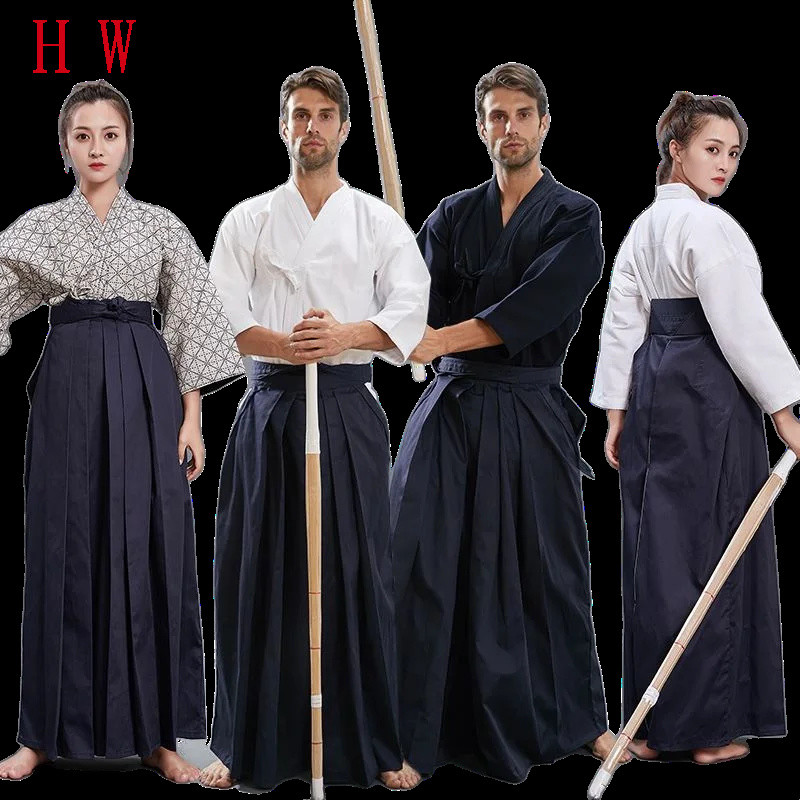 Aikido Gi ชุดผ้าฝ้ายกางเกง Hapkido Kendo Hakama สีดําสีน้ําเงินเข้มสีขาวญี่ปุ่น Samurai แบบดั้งเดิม 
